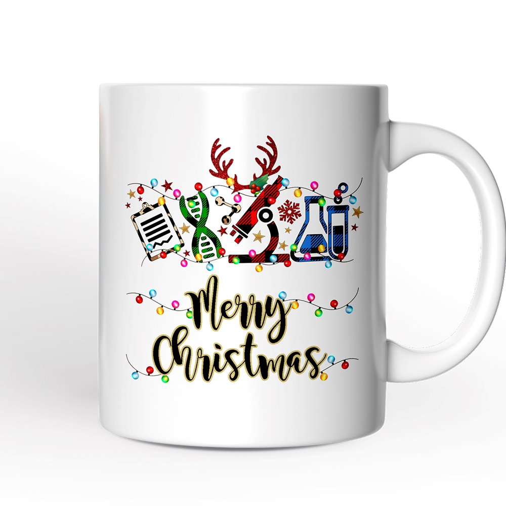 Personalized Mug Science Buffalo Plaid Christmas, Gift for Scientist or Researcher, Lab Tools like Flasks and Microscope
