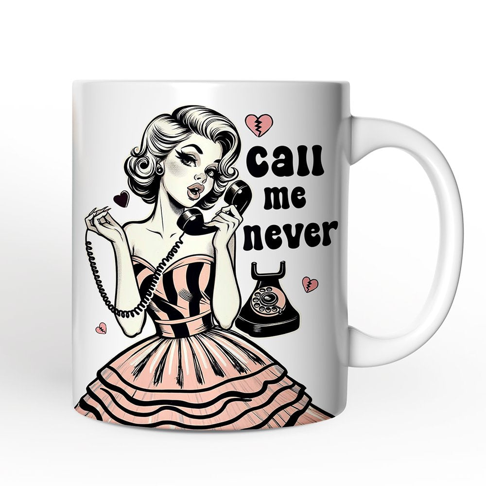 Retro Anti-Valentine Pinup Girl Personalized Mug, Call Me Never Funny Gift With Custom Name
