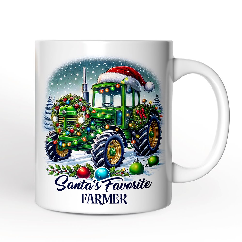 Santa's Favorite Farmer Personalized Mug, Christmas Green Tractor Gift with Custom Name