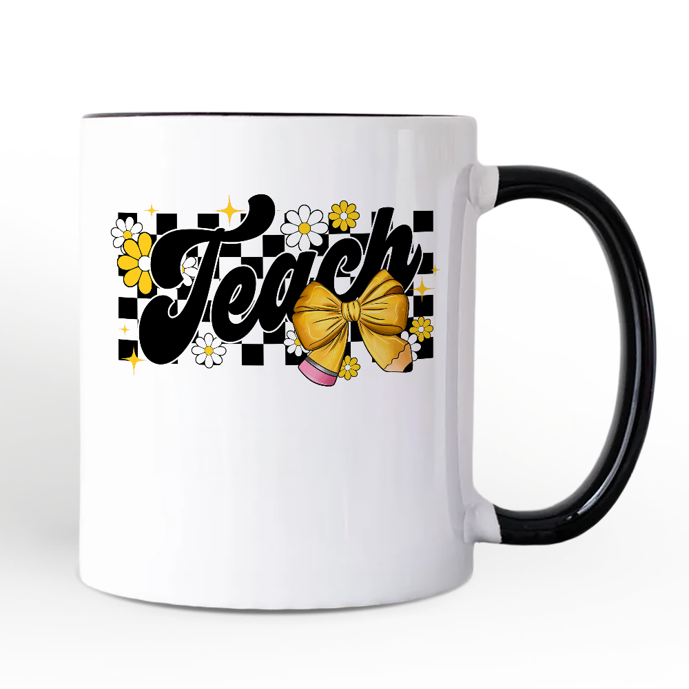 Teach Checkered Coquette Bow Personalized Mug, Retro Gift for Trendy Teachers with Custom Name