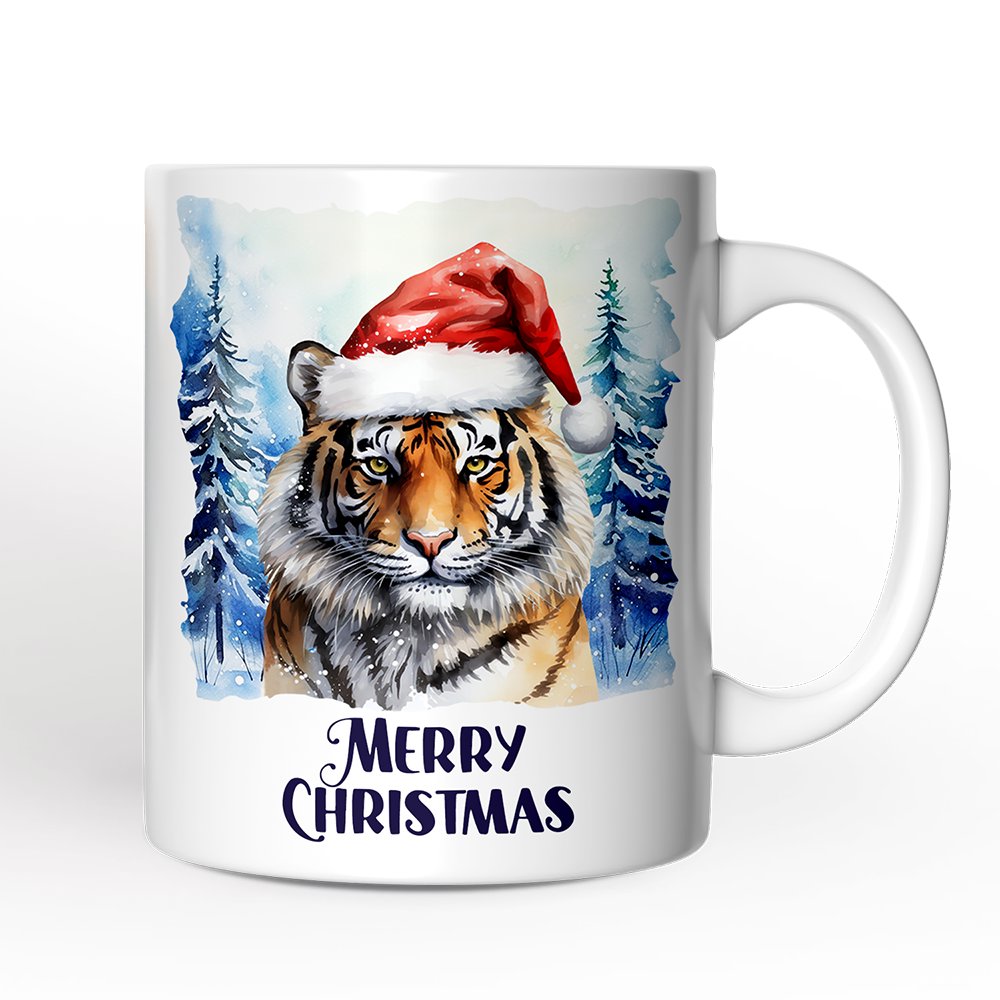 Tiger with Santa Hat Personalized Mug, Winter Forest Christmas Gift With Custom Name and Date