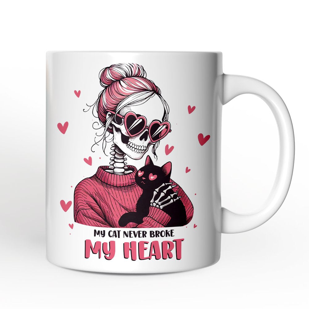 Valentine Day Girl Skeleton Personalized Mug, My Cat Never Broke My Heart Funny Gift With Custom Name