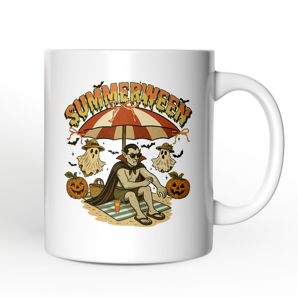 Summerween Vampire Dracula Personalized Mug, Retro Halloween Beach Gift with Custom Name for Horror Spooky Summer Season
