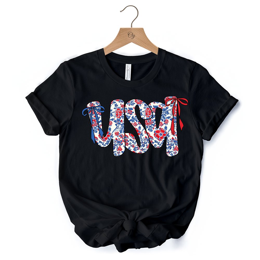 Floral USA Patriotic T-Shirt, 4th of July White, Natural and Black Tee for Stylish Women
