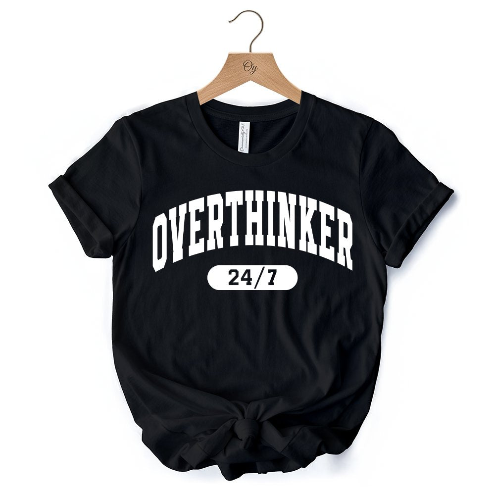 Over Thinker 247 T-Shirt, Minimalist Collegiate White, Natural and Black Tee for Tired Women