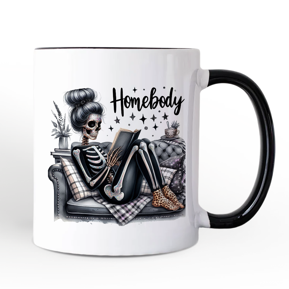 Homebody Reading Skeleton Personalized Mug, Funny Lazy Selfcare Gift with Custom Name
