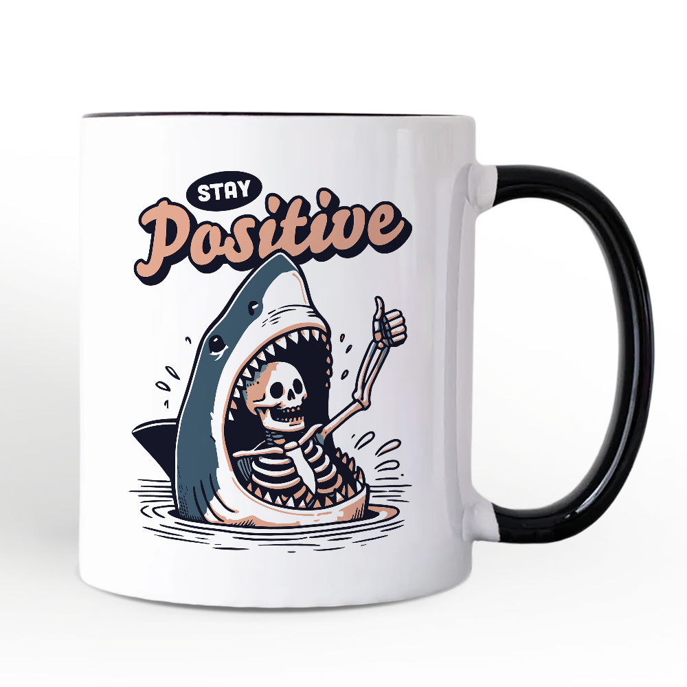 Stay Positive Funny Shark and Skeleton Personalized Mug, Mental Health Motivational Gift with Custom Name
