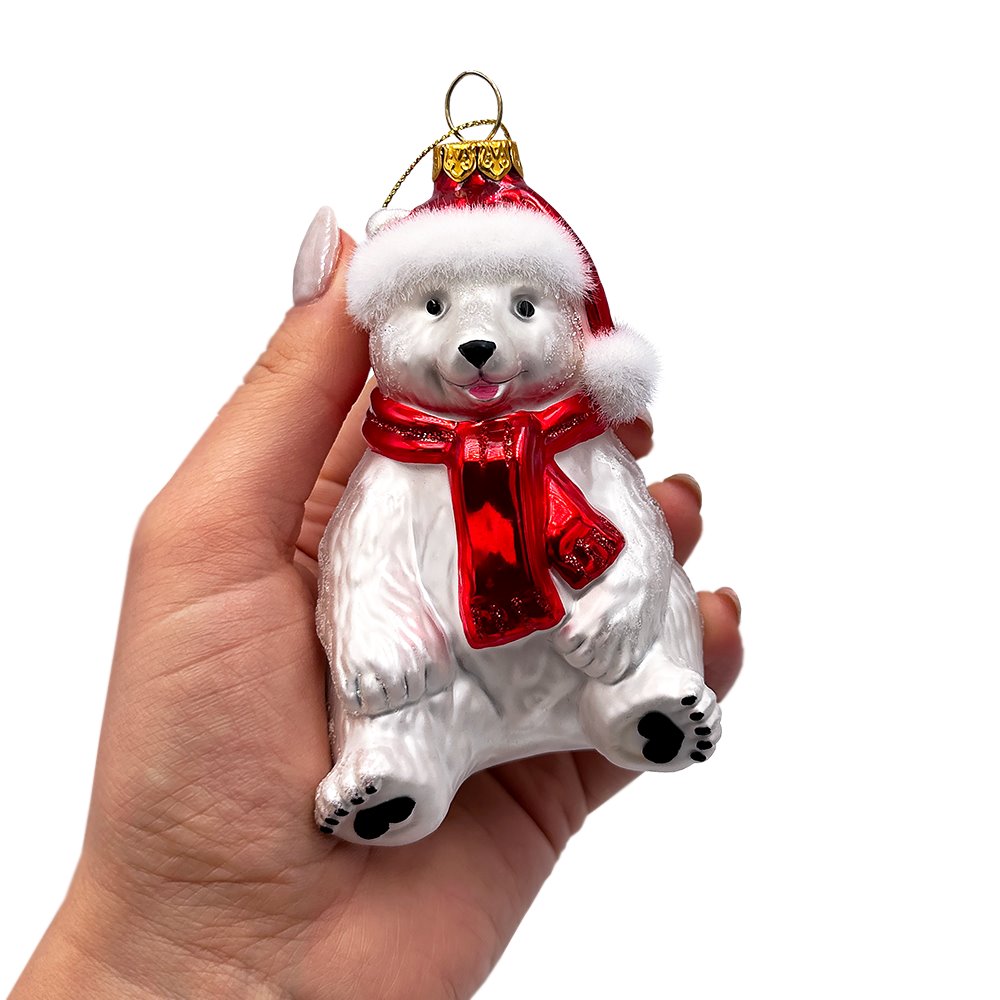 Classic White Polar Bear Glass Christmas Ornament
