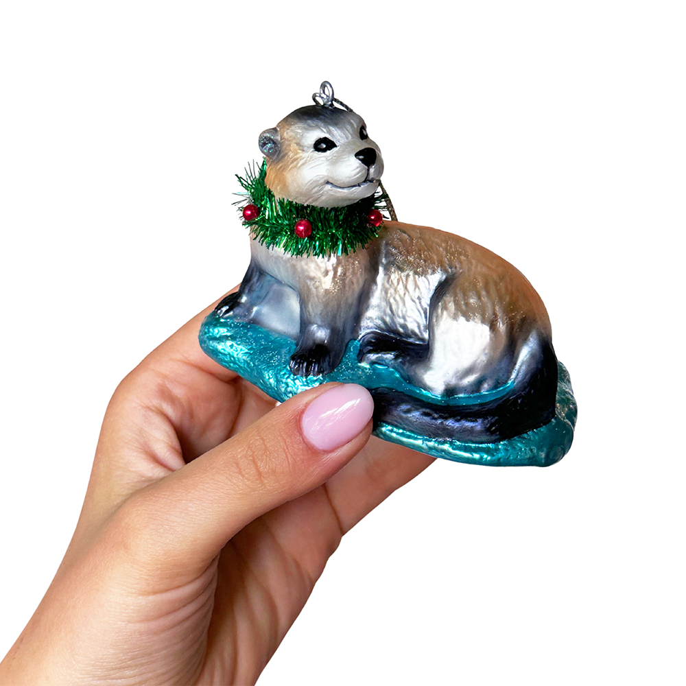 Cute Otter Glass Christmas Ornament, Exotic Animal Tree Decoration