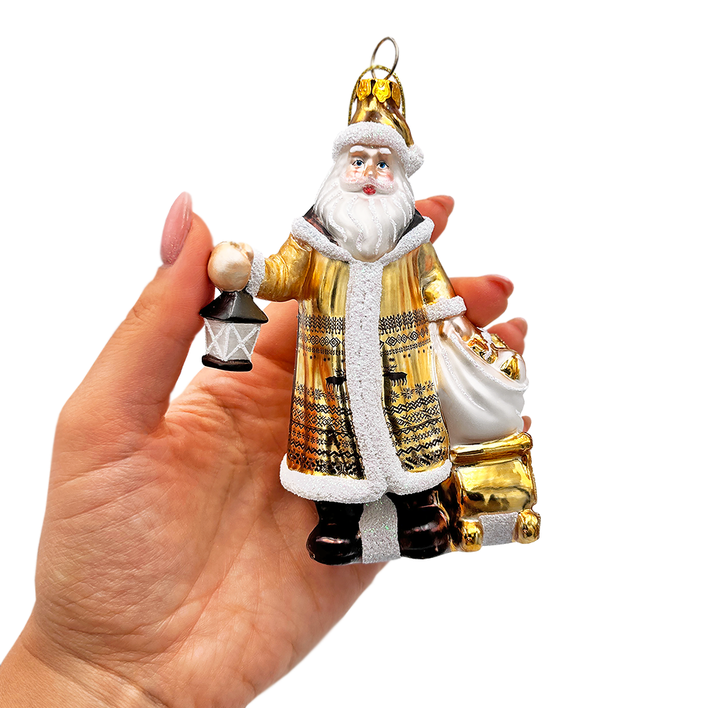 Majestic Gold Santa Blown Glass Christmas Ornament, Sleigh Accessory Tree Decor