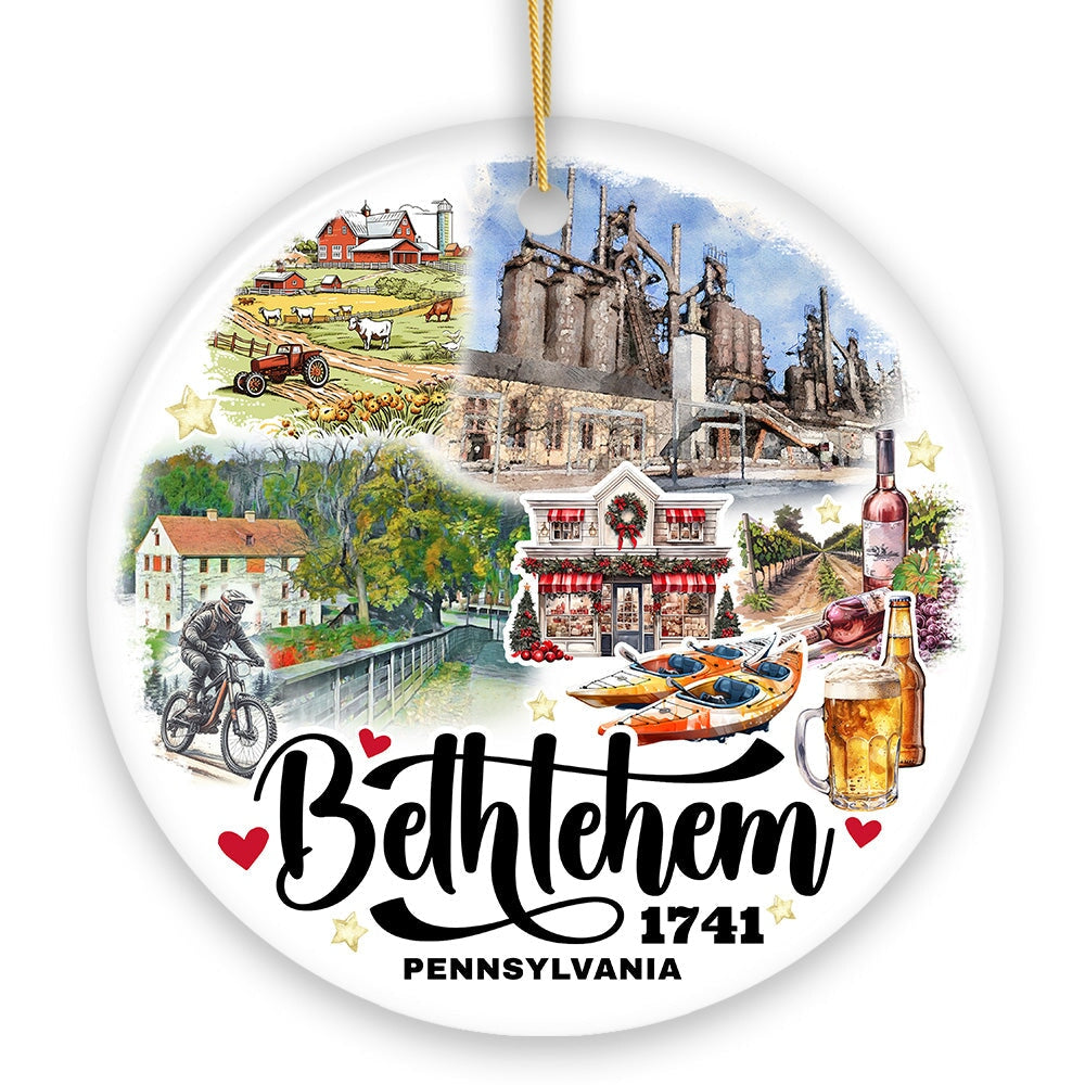 Artistic Bethlehem City Ceramic Watercolor Ornament, Pennsylvania State Colonial and Industrial Christmas Gift