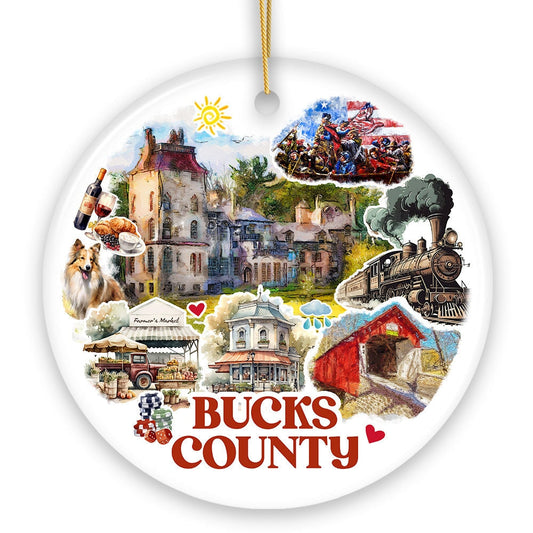 Artistic Bucks County Pennsylvania Vintage Ornament with Historical Scenery and Art, Ceramic Christmas Souvenir, New Hope and George Washington Crossing the Delaware