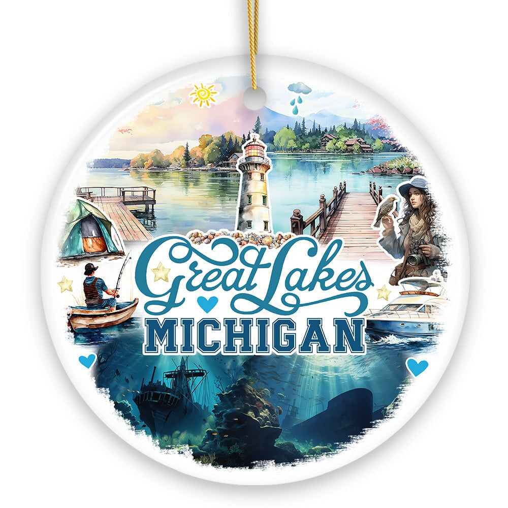 Artistic Great Lakes Michigan State Ornament, Ceramic Landscapes and Travel Souvenir and Gift