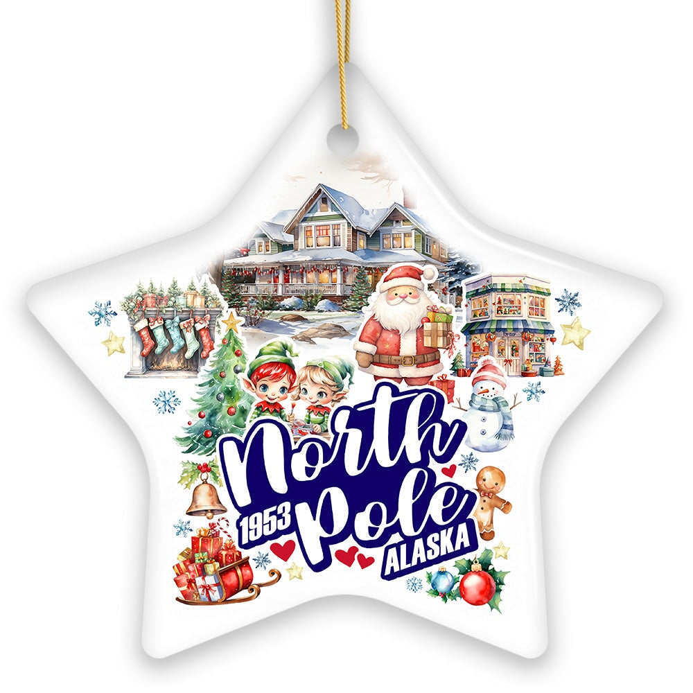 City of North Pole Alaska Artistic Christmas Ornament, Decorated Ceramic Souvenir with Santa and Elf Themes