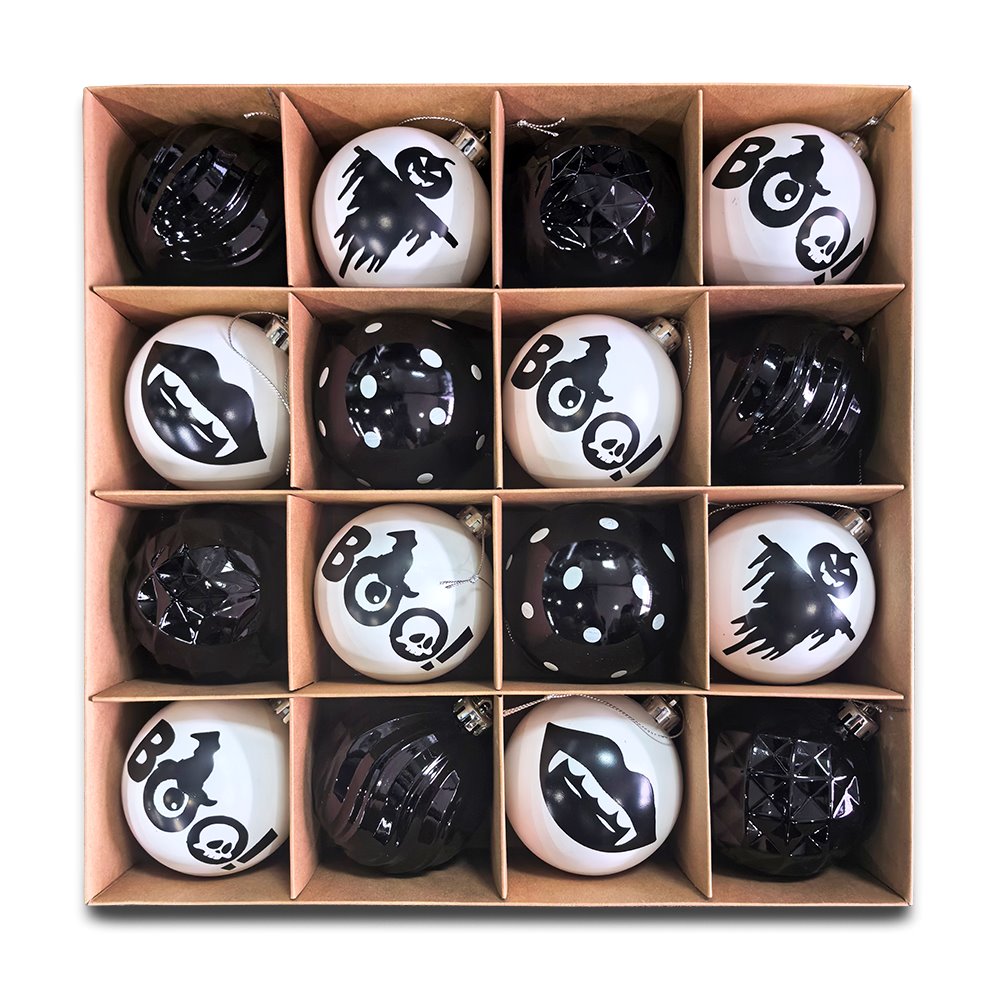 Creepy Boo Assorted 16 Piece Black and White Ornament Bundle, Monochrome 3" Halloween Bauble Set