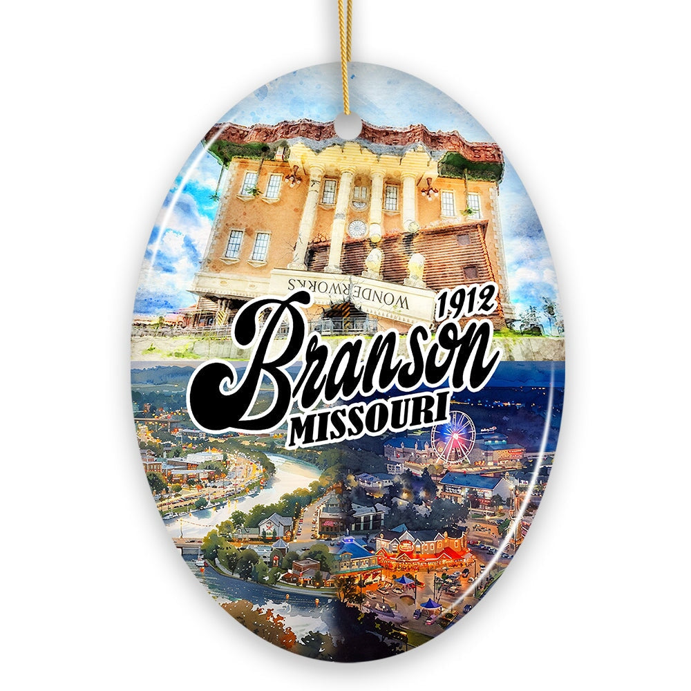 Culturally Vibrant Branson City Ceramic Ornament, Missouri Souvenir and Christmas Tree Decor