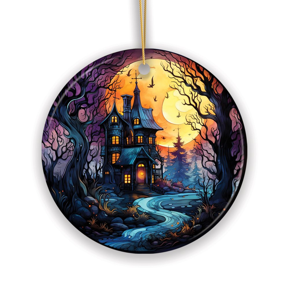 Eerie Abode Amidst Spooky Trees Stained Glass Style Ceramic Ornament, Halloween Themed Christmas Gift and Decor