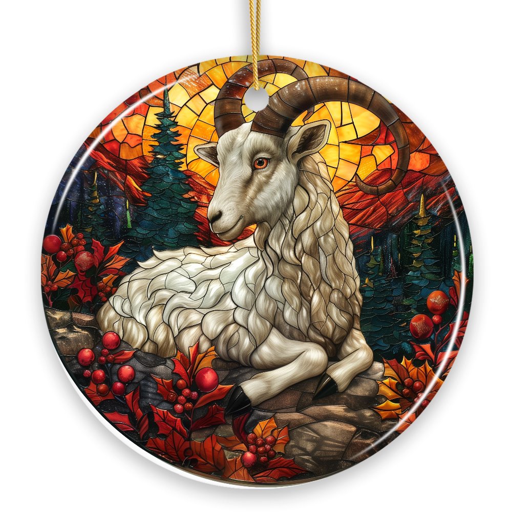 Elegant Goat Stained Glass Theme Ceramic Ornament, Billy Buck and Doe Mountain Animal Decor