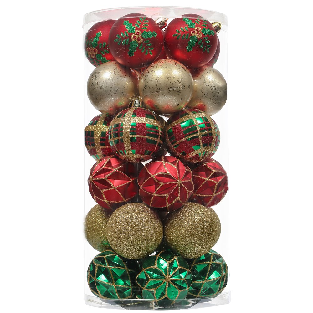 Graceful Ornament Bundle Set, Red, 30 Green and Gold Glittered Tree Baubles