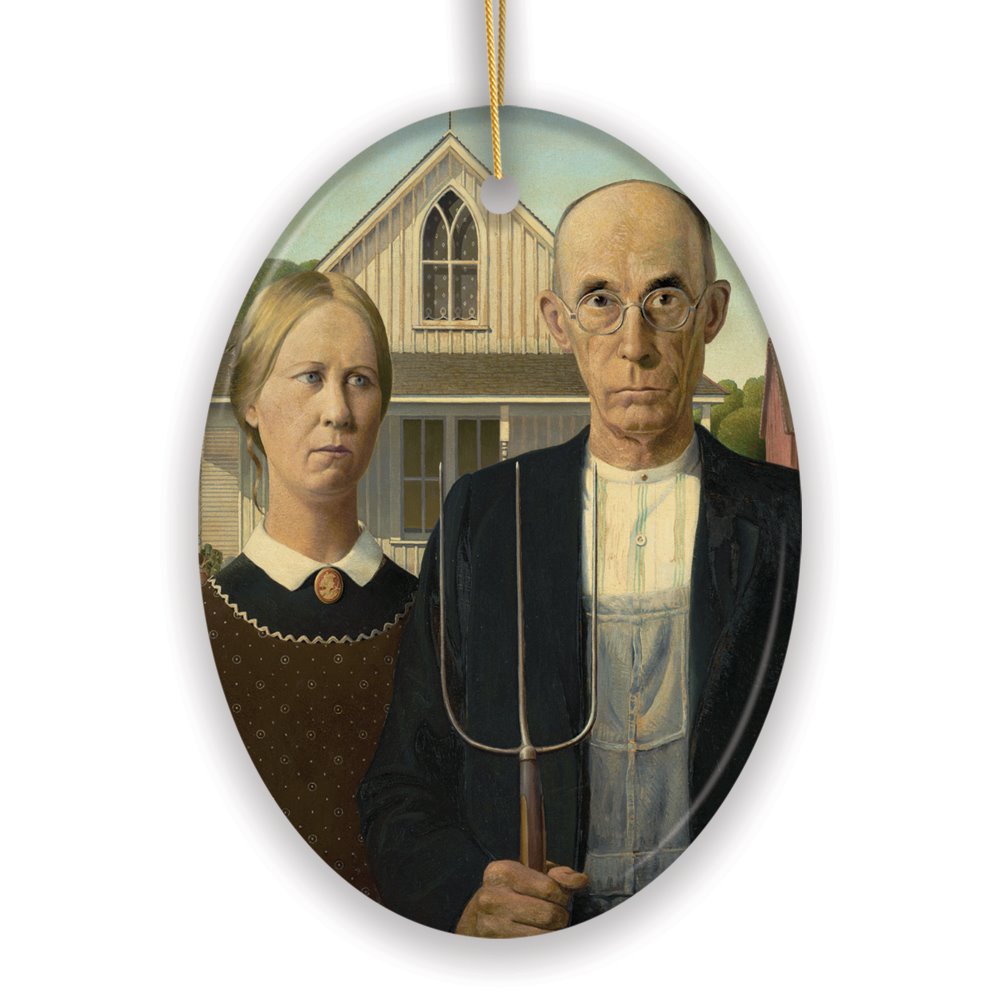 Grant Wood American Gothic Art Ceramic Ornament, Famous Painting Christmas Decoration Souvenir