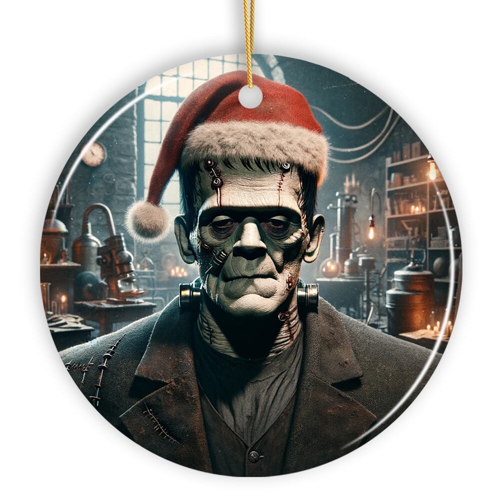 Grotesque Frankenstein with Santa Hat Ornament, Spooky Holiday Gift for Horror Fans