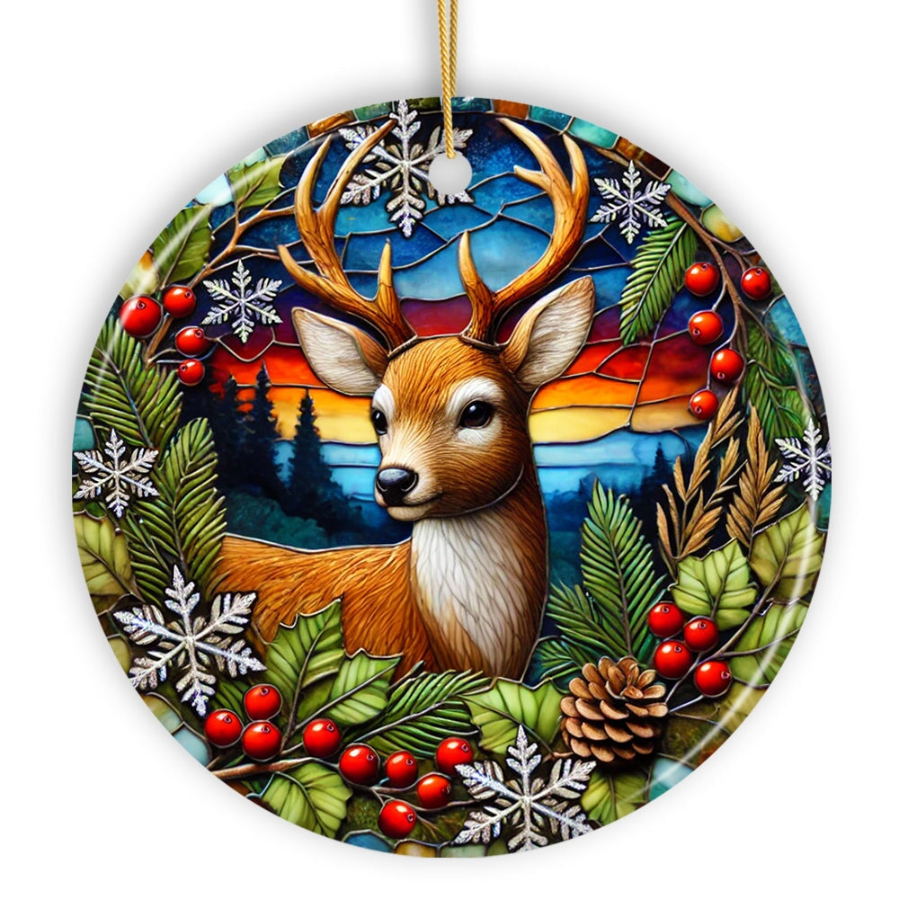 Majestic Winter Deer in Holly Branches Ornament, Enchanting Holiday Wonderland for Christmas Tree Decor