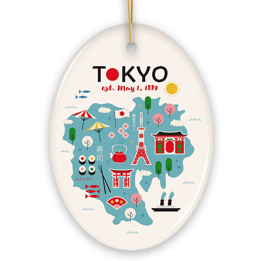 Minimalistic Elegant Tokyo Cultural Ornament, Vintage Japanese Landmarks Gift
