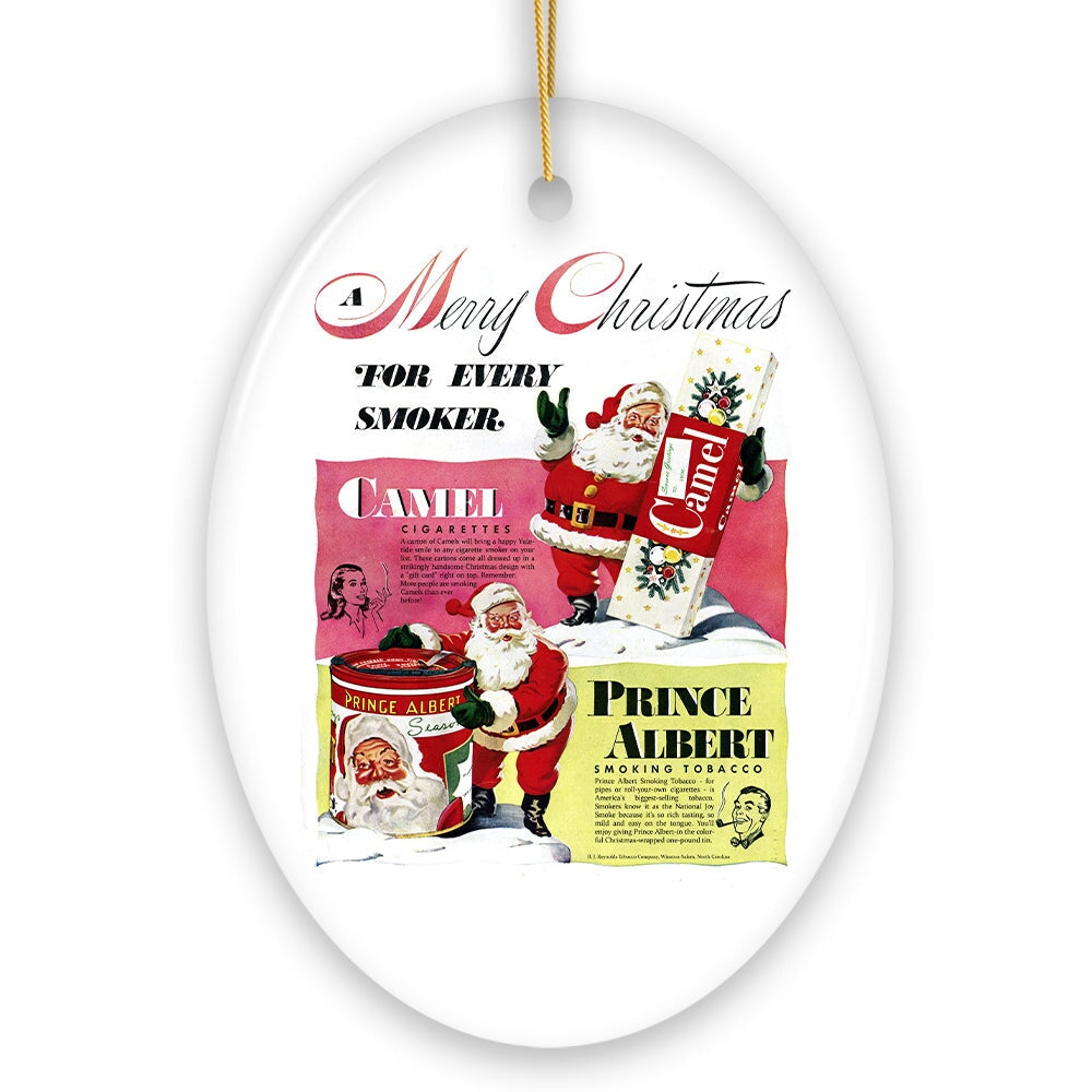 Vintage Christmas Smoking Advertisement Ceramic Ornament, 1940s Camel Cigarette Retro Collectible