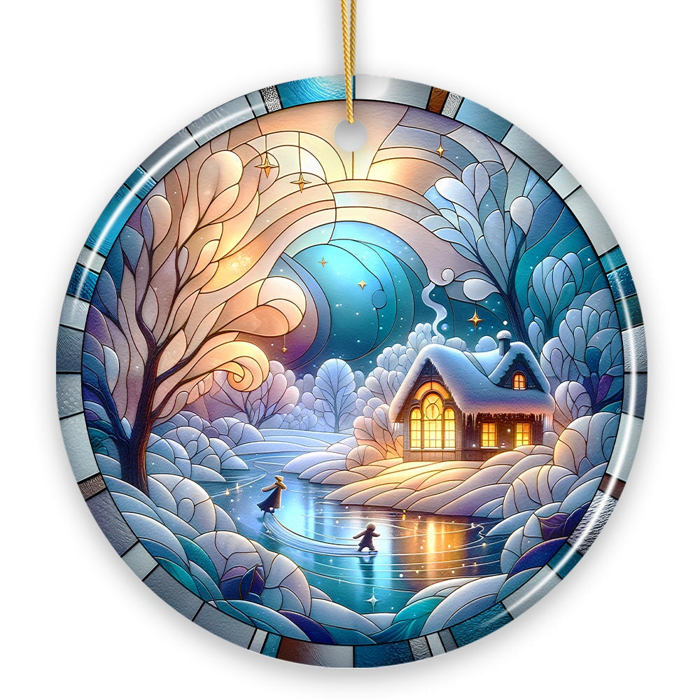 Magical Winter Lake Cabin Ceramic Christmas Ornament, Stained Glass Theme Tree Decor