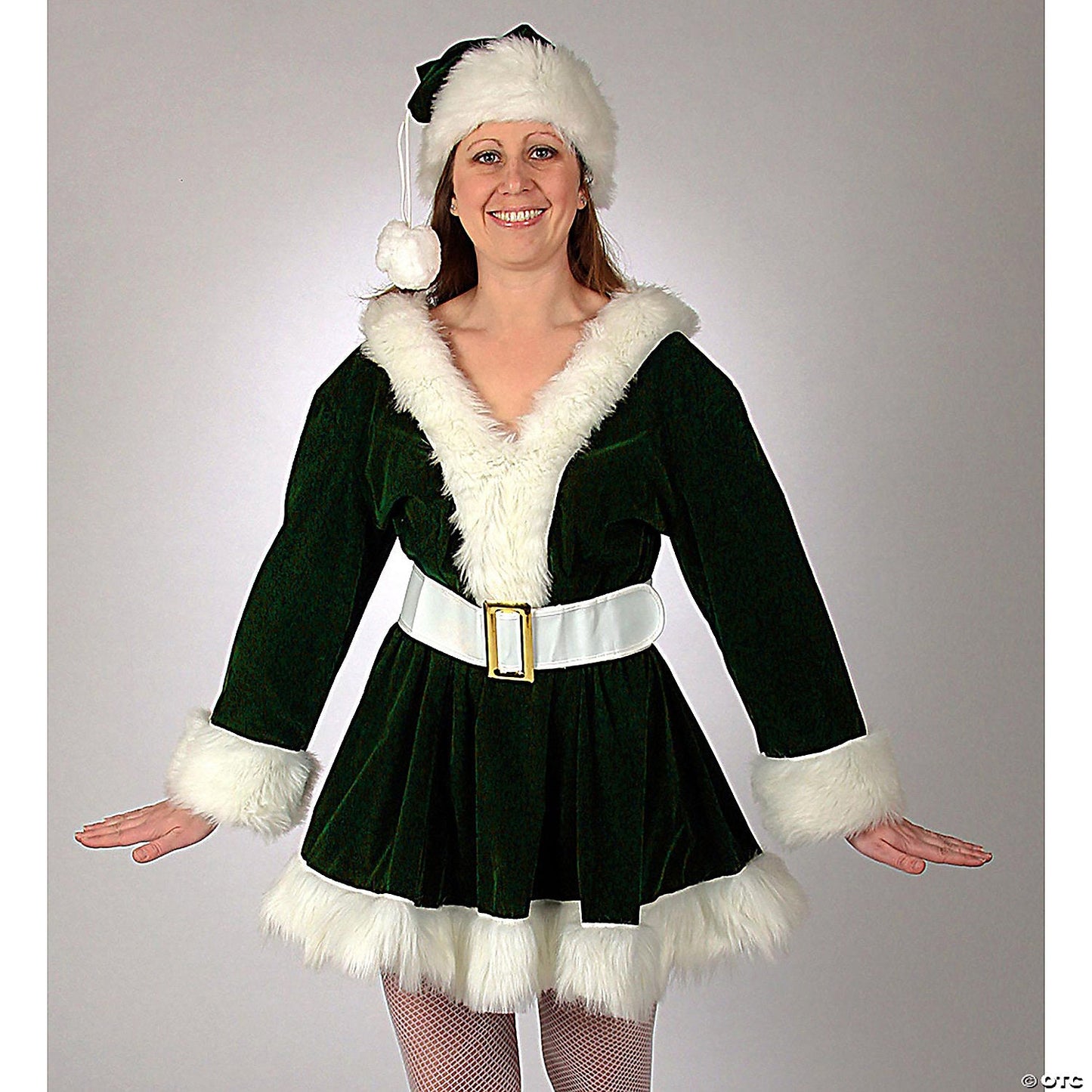 Adult Women's Green Velvet Perky Pixie Mrs. Clause Dress Costume - Small