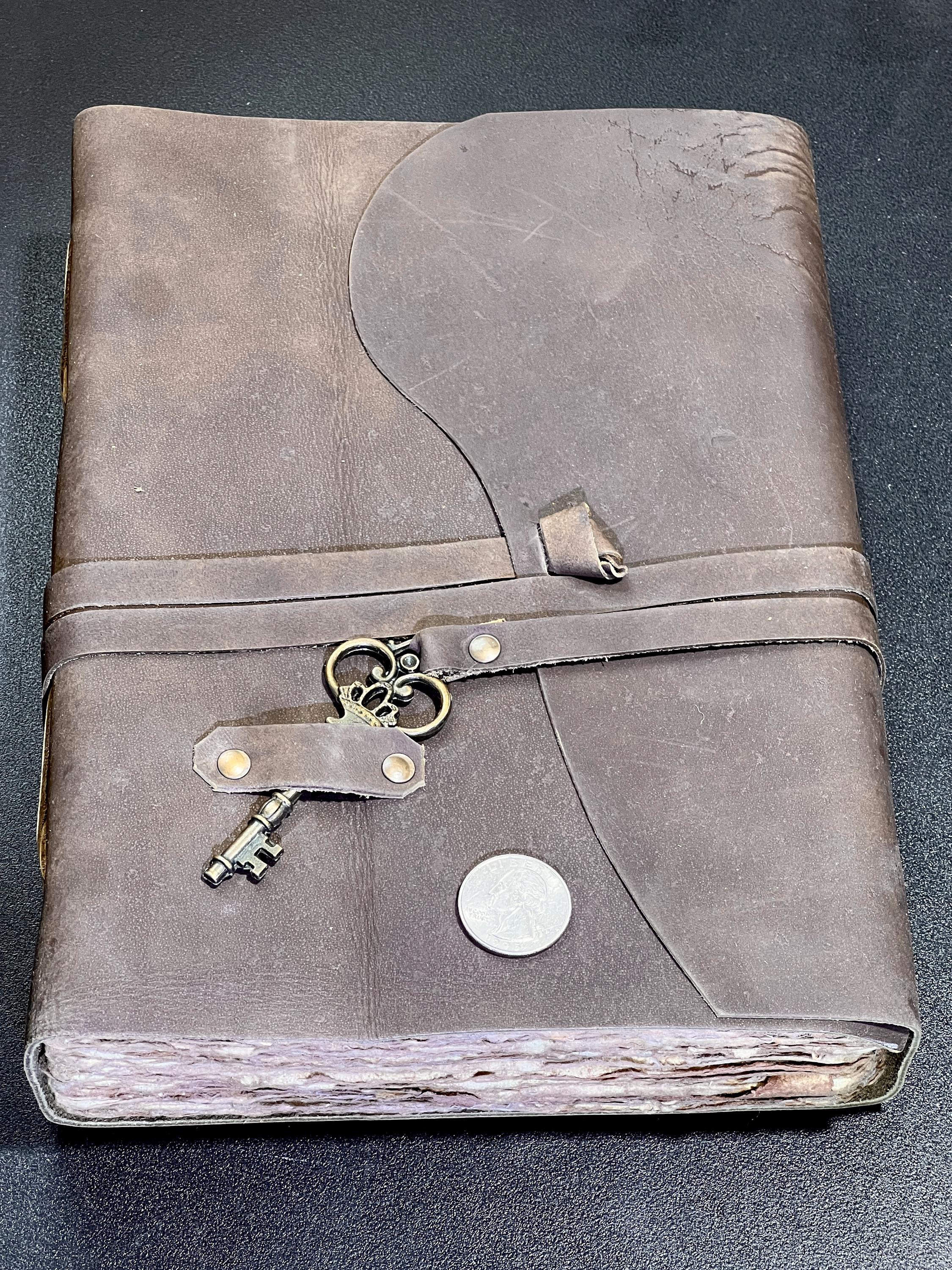 Large Rustic Brown Leather Bound 100 Page Sketchbook Notebook Key Carving