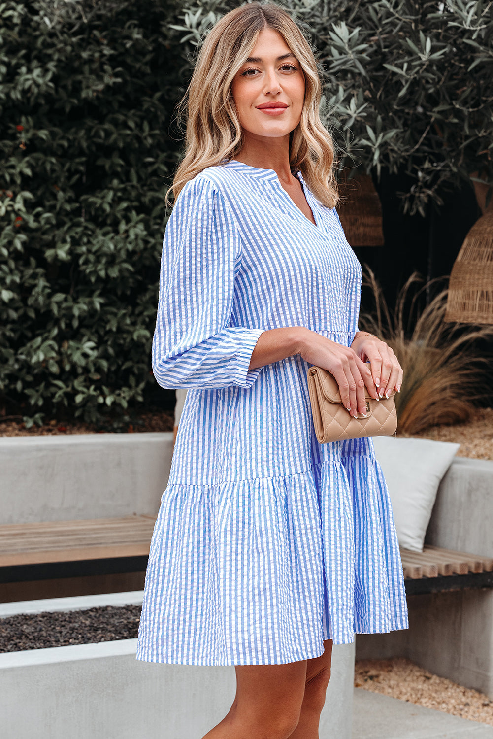 Kaia Stripe Bracelet Sleeve Tiered Dress with Pockets