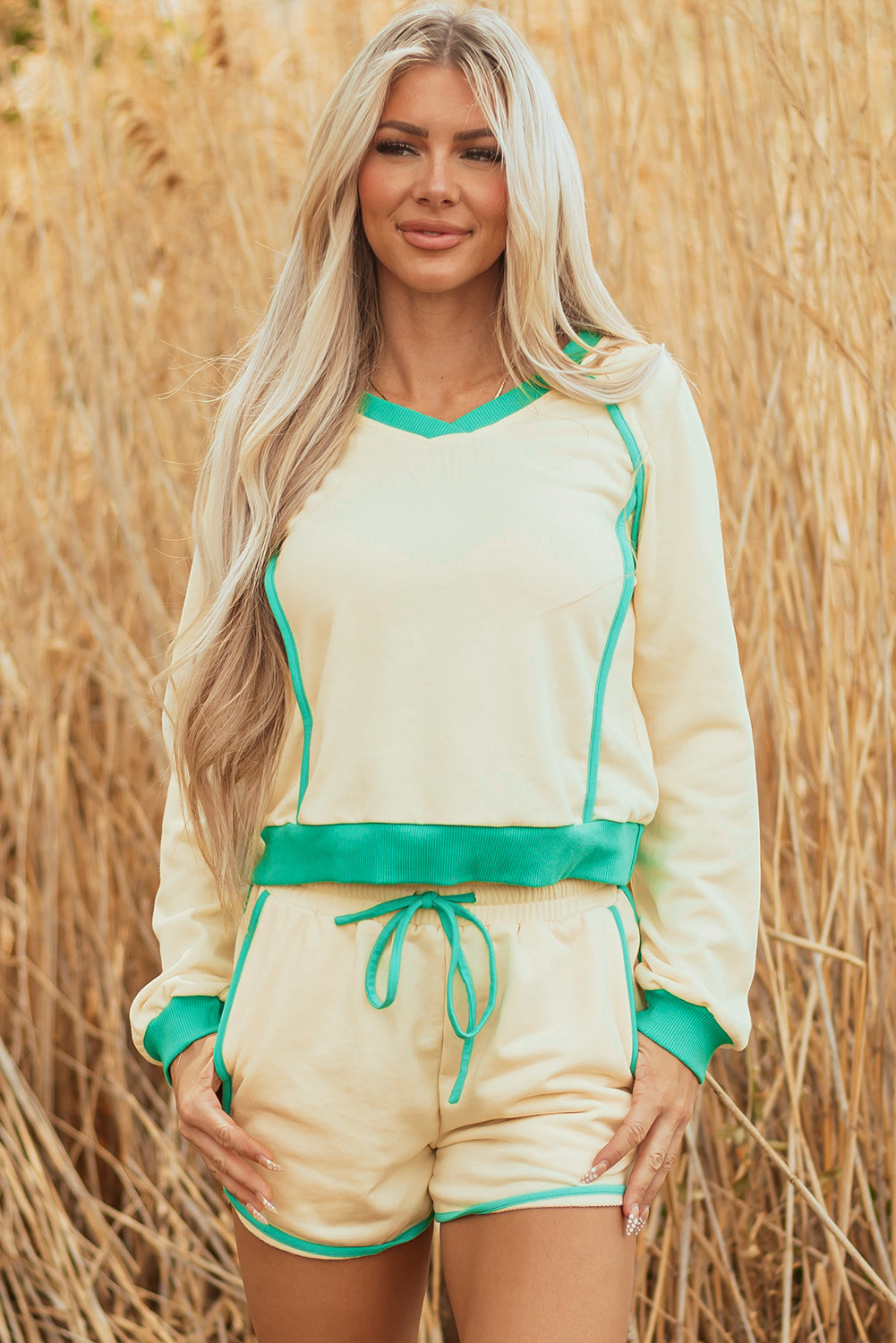 Wren Long Sleeve Pullover and Drawstring Shorts Outfit