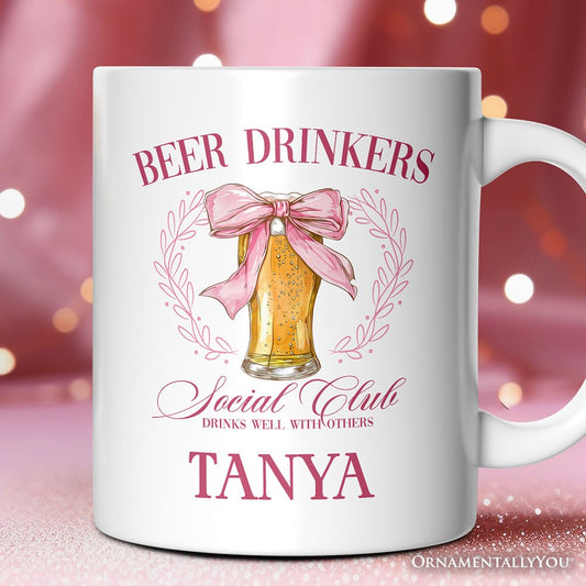 Beer Drinkers Social Club Personalized Mug, Coquette Pink Bow Gift with Custom Name for Girly Summer Bachelorette Vibes
