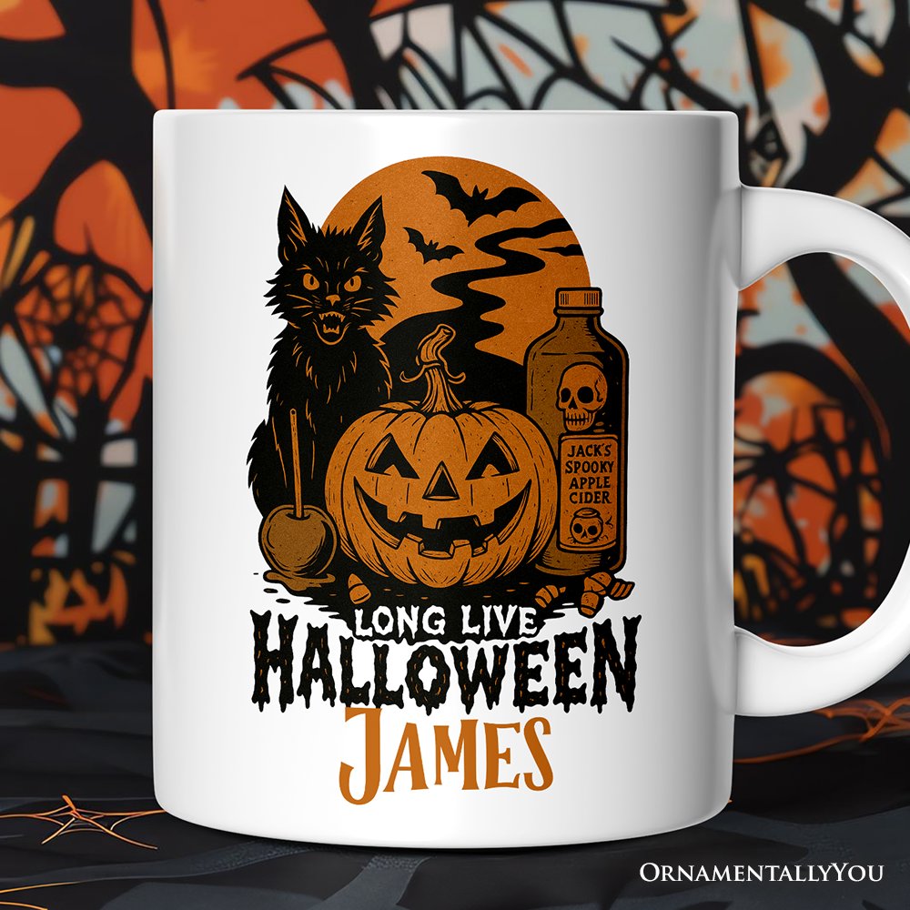 Long Live Halloween Personalized Mug, Retro Black Cat Pumpkin Gift with Custom Name