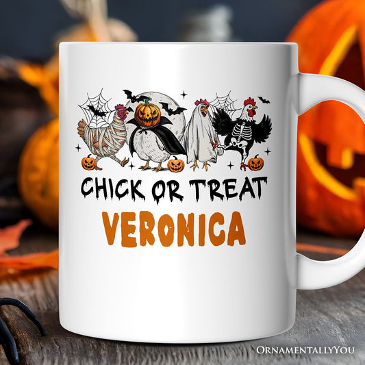 Chick or Treat Spooky Personalized Mug, Halloween Chicken Country Gift with Custom Name