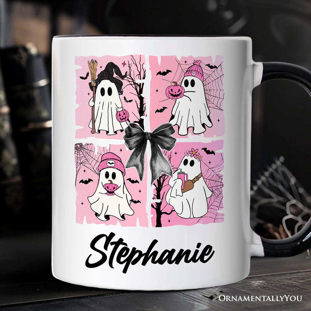 Pink Halloween Ghost Personalized Mug, Coquette Spooky Season Gift with Custom Name for Girly Aesthetic