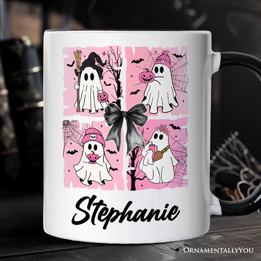 Pink Halloween Ghost Personalized Mug, Coquette Spooky Season Gift with Custom Name for Girly Aesthetic