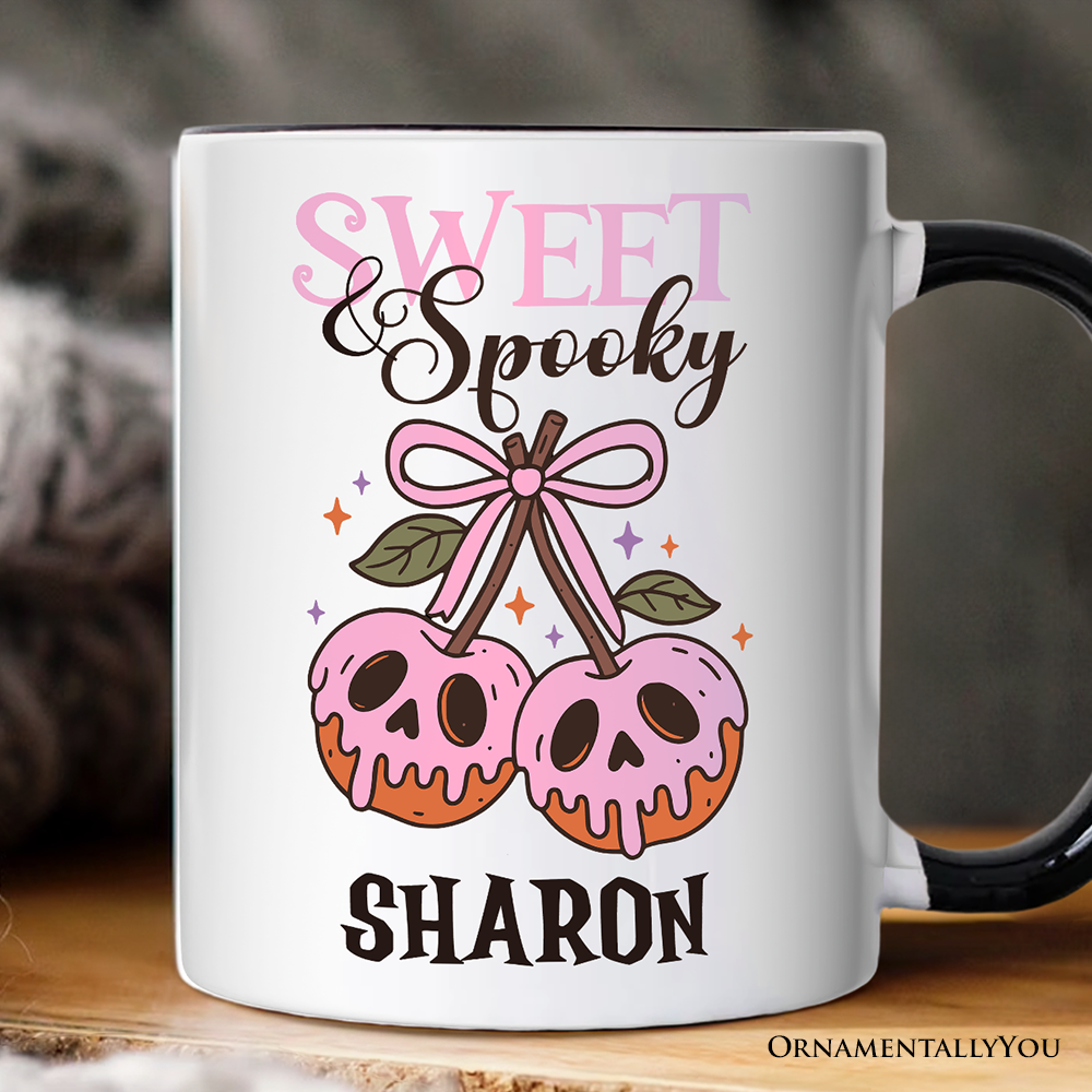 Sweet and Spooky Poison Cherries Halloween Personalized Mug, Coquette Skulls Gift with Custom Name