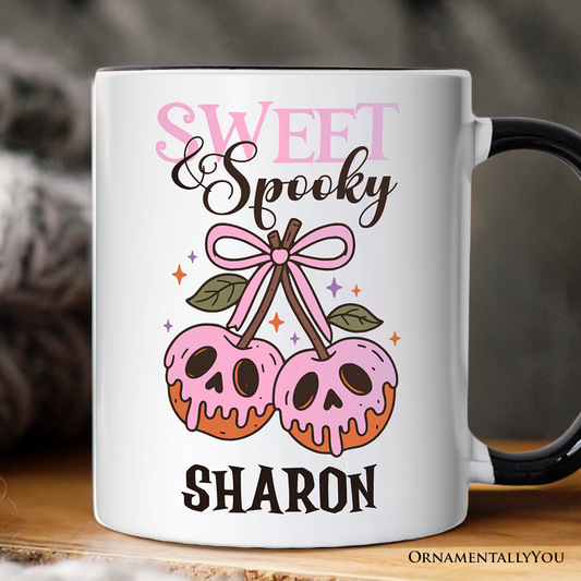 Sweet and Spooky Poison Cherries Halloween Personalized Mug, Coquette Skulls Gift with Custom Name
