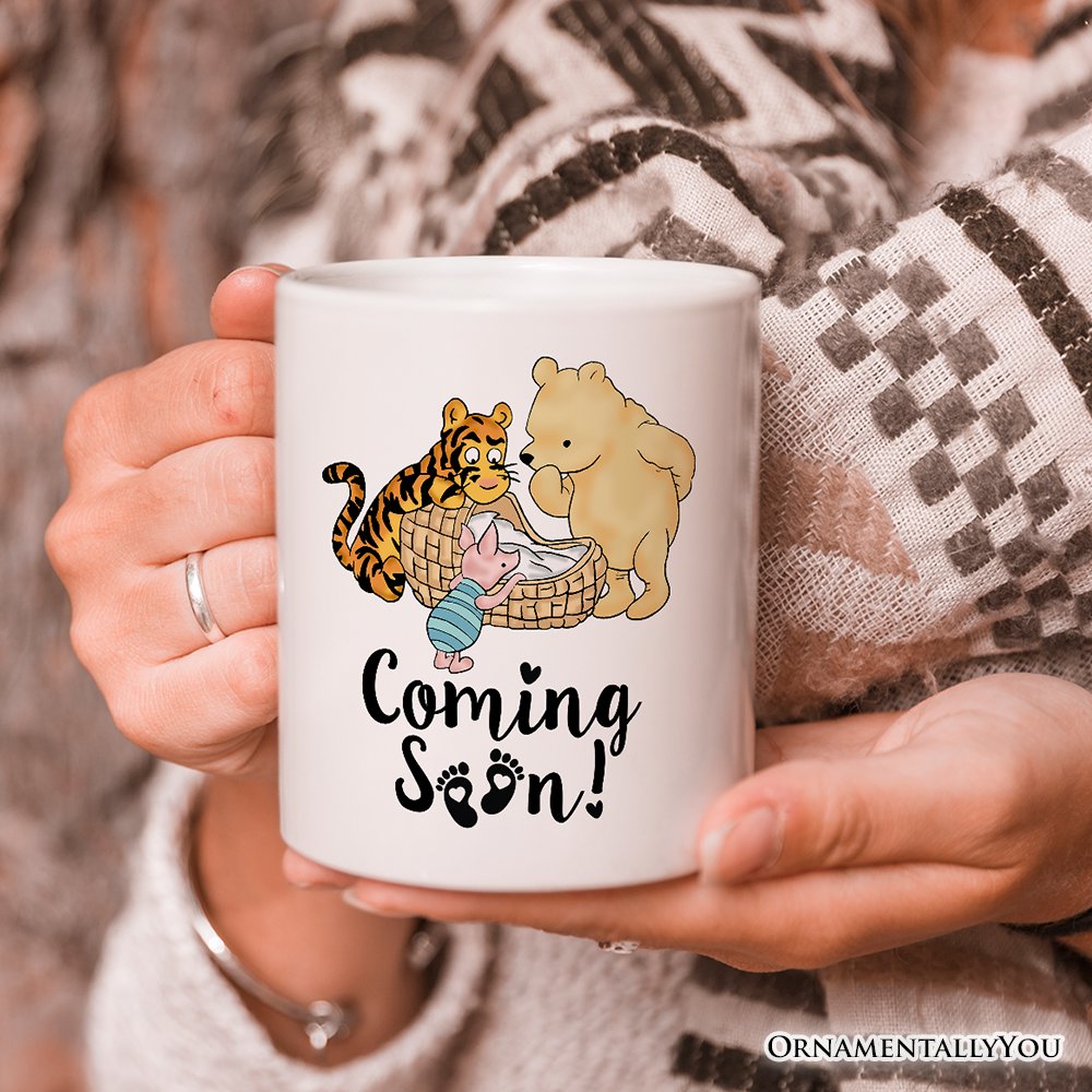 Pregnancy Announcement With Pooh & Tiger Personalized Mug, Coming Soon Gift for Expecting Moms with Custom Name