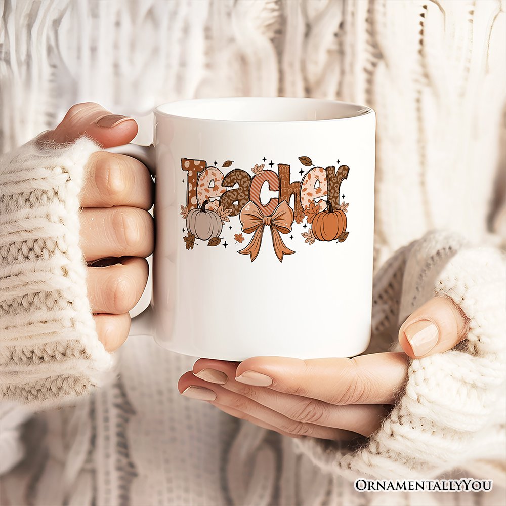Teacher Coquette Autumn Personalized Mug, Cozy Fall Pumpkin Gift with Custom Name