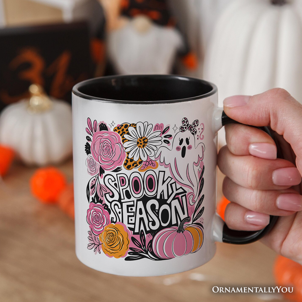 Boho Spooky Season Ghost Personalized Mug, Cute Halloween Gift with Custom Name with Fall Pumpkins