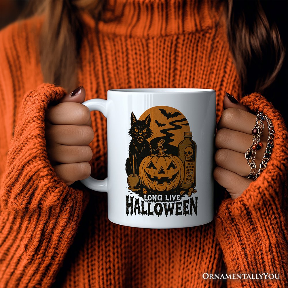 Long Live Halloween Personalized Mug, Retro Black Cat Pumpkin Gift with Custom Name