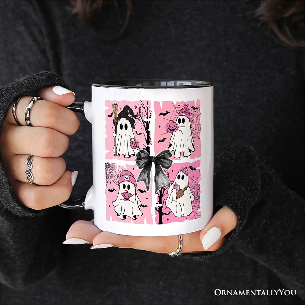 Pink Halloween Ghost Personalized Mug, Coquette Spooky Season Gift with Custom Name for Girly Aesthetic