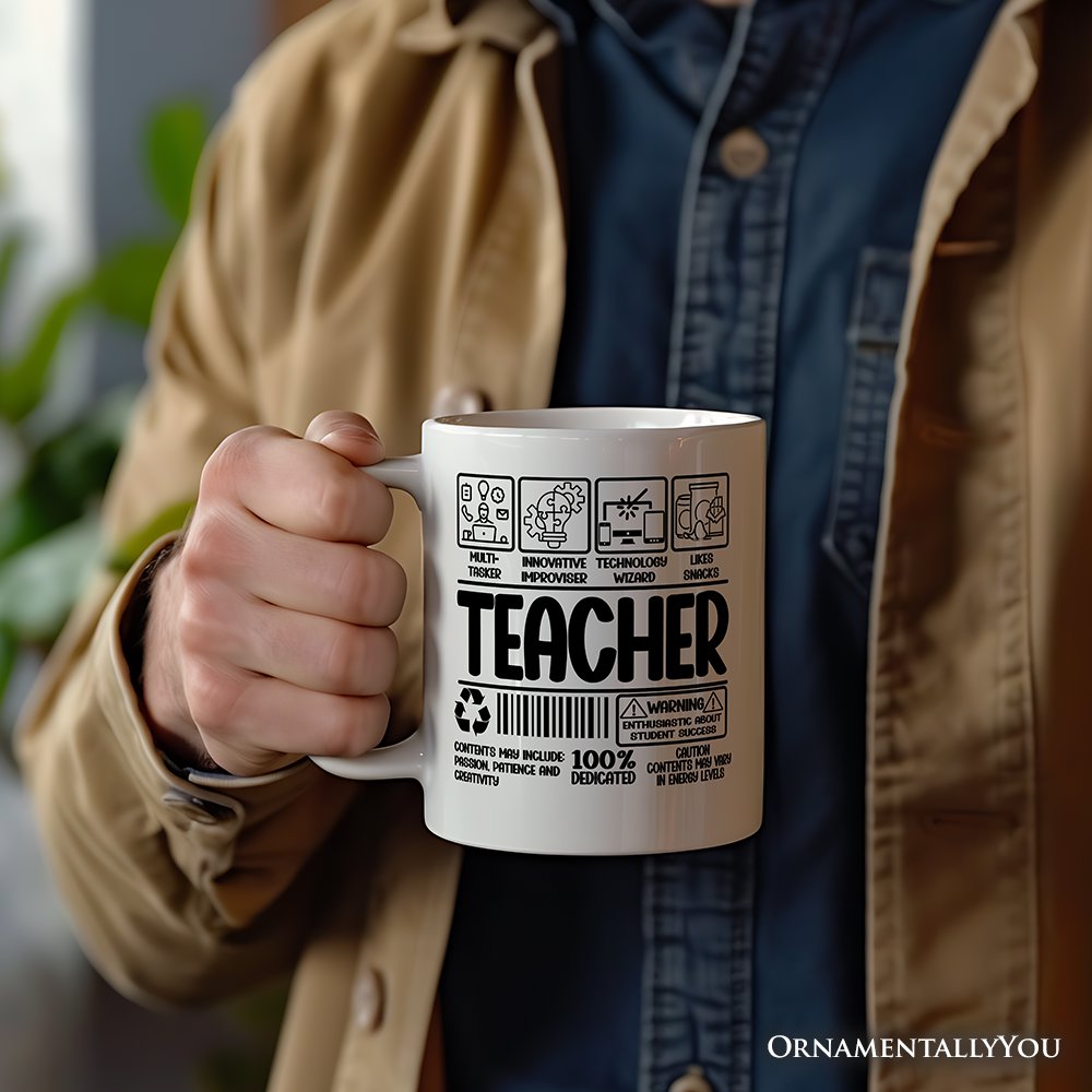 Teacher Label Personalized Mug, Funny Barcode for Dedicated Educators Gift with Custom Name