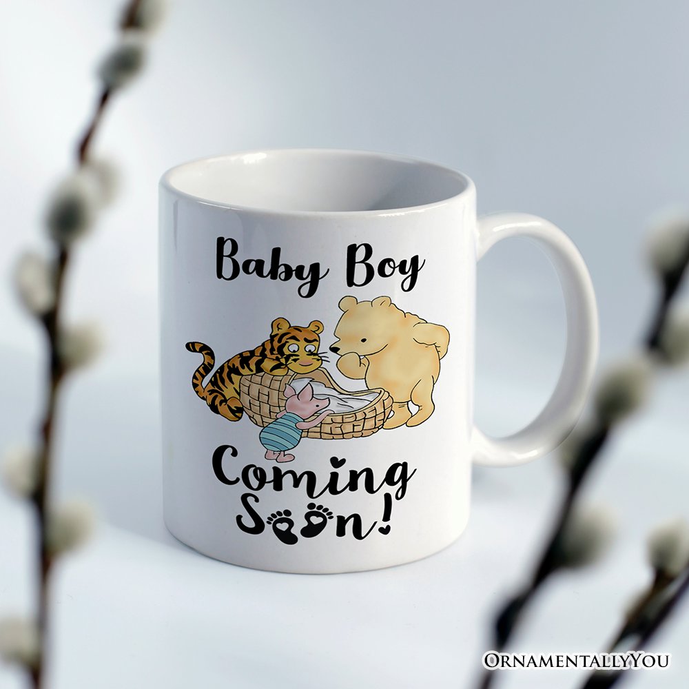 Pregnancy Announcement With Pooh & Tiger Personalized Mug, Coming Soon Gift for Expecting Moms with Custom Name