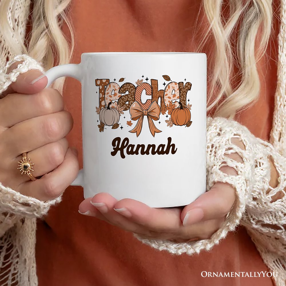 Teacher Coquette Autumn Personalized Mug, Cozy Fall Pumpkin Gift with Custom Name