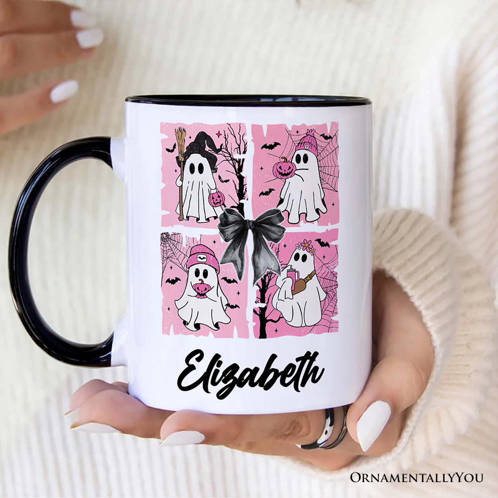 Pink Halloween Ghost Personalized Mug, Coquette Spooky Season Gift with Custom Name for Girly Aesthetic