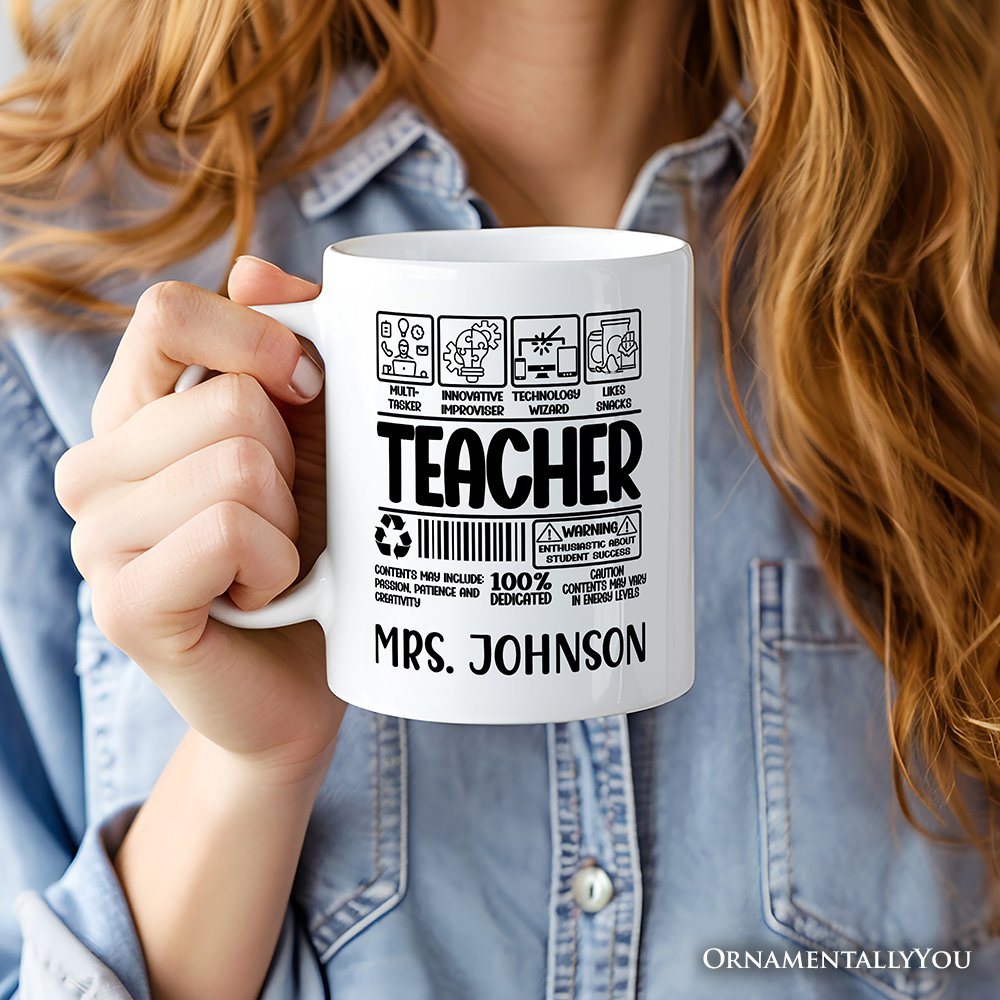 Teacher Label Personalized Mug, Funny Barcode for Dedicated Educators Gift with Custom Name